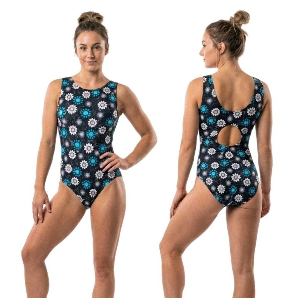 GK Elite VTG Lazy Daisy Retro Floral Tank Leotard Keyhole Black Blue Size AL